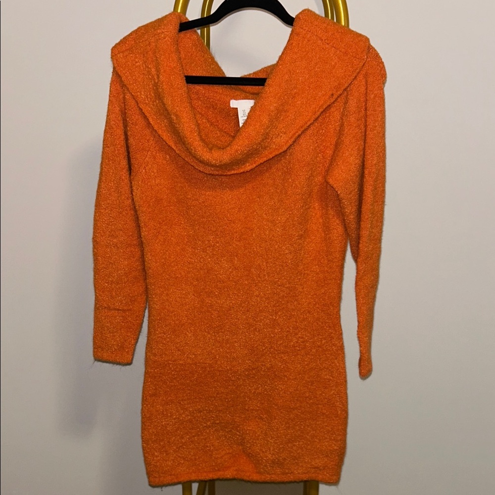 Cozy Orange Cowl Neck Sweater Dress